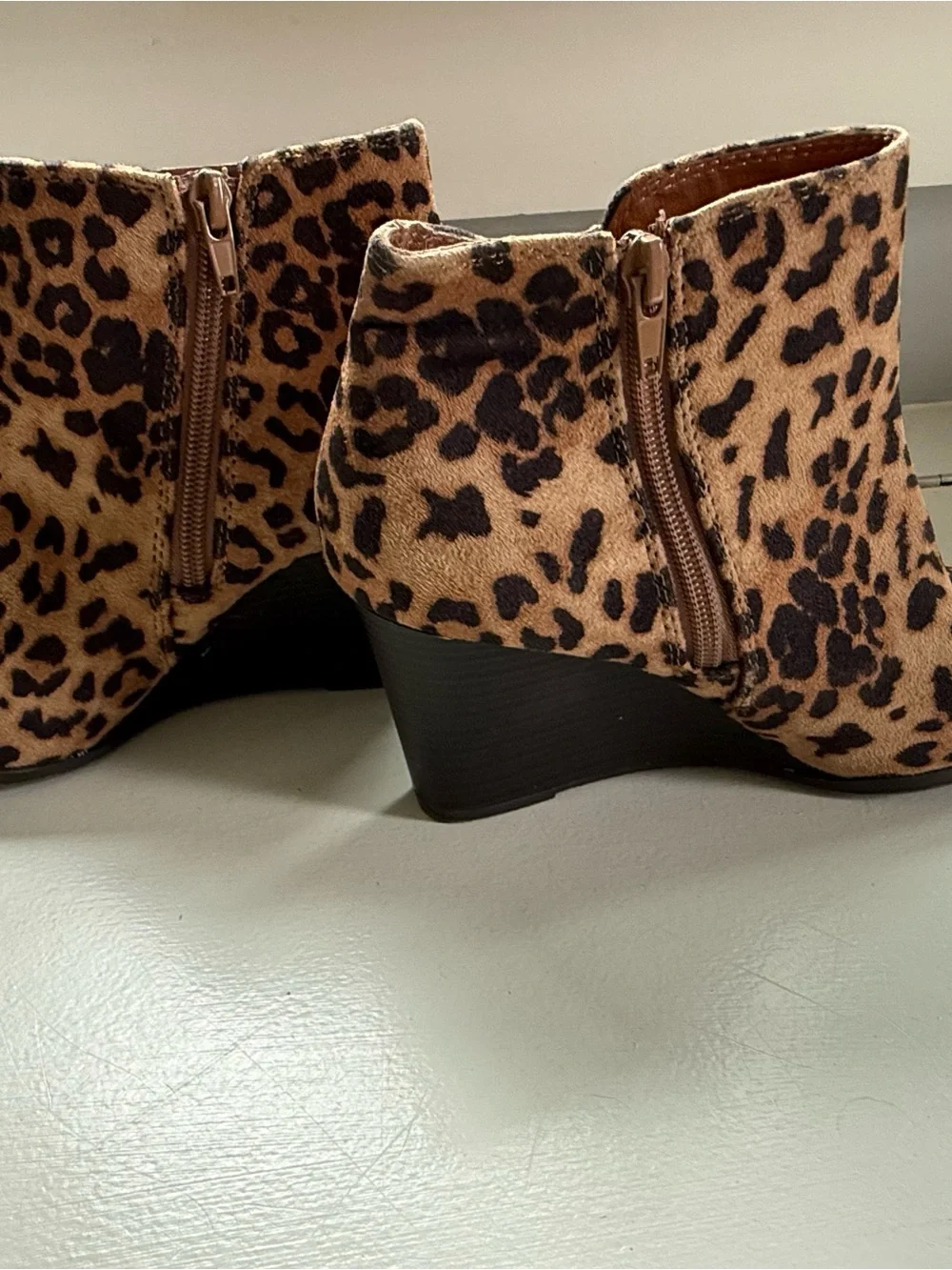 Soda Leopard Print Wedge Booties - Brown/Black Size 6.5